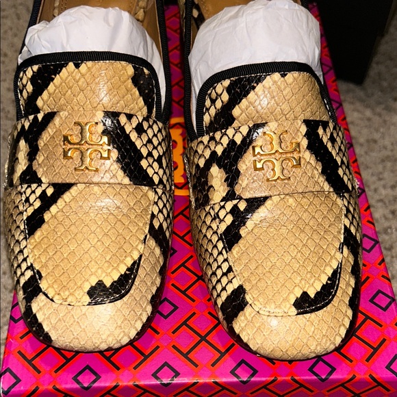 Tory Burch Black W Box and Tan Snakeskin Loafers